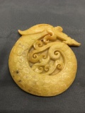 Ornate Asian Style Hand-Carved Dragon Motif 4in Diameter Orange Jade Pendant