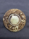 Asian Style Hand-Carved Dragon Motif Round 3.5in Diameter Green Jade Pendant