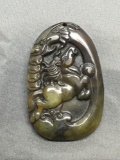 Asian Style Hand-Carved Stallion Motif 50mm Tall 35mm Wide Green Jade Pendant