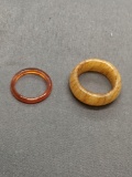 Lot of Two Hand-Carved Orange Jade Ring Bands, One 9mm Wide Size 12 & One 2.5mm Wide Size 7.5