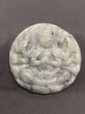 Asian Style Hand-Carved Buddha Motif Round 55mm Diameter Green Jade Pendant