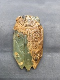 Asian Style Hand-Carved Scarab Design 3in Long 1.75in Wide Green Jade Pendant