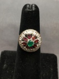 Round Faceted 4mm Emerald Center w/ Marquise Faceted Garnet Inner Halo & Round Rhinestone Outer Halo