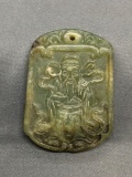 Asian Style Hand-Carved Chinese Prophet Motif Rectangular 50x38mm Green Jade Pendant