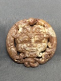 Asian Style Hand-Carved Dragon Themed Round 50mm Diameter Brown Jade Pendant