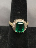 Emerald Cut Faceted 9x7mm Created Emerald Gem Center w/ Double Round & Baguette CZ Accented Halo