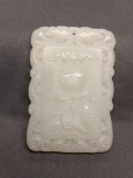 Asian Style Hand-Carved Flower Blossom Themed Rectangular 60mm Tall 40mm Wide White Jade Pendant