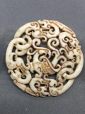 Asian Style Hand-Carved Twin Dragon Themed Round 70mm Diameter White Jade Pendant