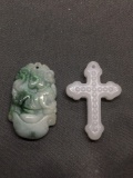Lot of Two Asian Style Hand-Carved Jade Pendants, One Oval Dragon Themed & One Cross