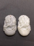 Lot of Two Matched Asian Style Hand-Carved Chinese Zodiac Year of the Pig Motif Oval 35mm Tall 22mm