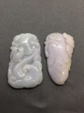 Lot of Two Asian Style Hand-Carved Mismatched Blue Jade Pendants