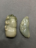 Lot of Two Asian Style Hand-Carved Panther Themed Green Jade Pendants