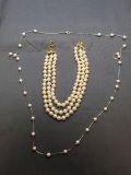 Lot of Two White Faux Pearl Accented Fashion Necklaces, One Triple Strand 15in Long & One 44in Long