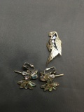 Lot of Two Alpaca Designer Abalone Inlaid Silver-Tone Fashion Jewelry, One Pair of Hummingbird