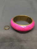 Lot of Two Large 27mm Wide Hot Pink Faux Leather Bangle Bracelet & One Filigree Ring Band - Size 6