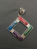 Multi-Colored Vibrant Dyed Gemstone Kite Set Square 32mm Sterling Silver Pendant