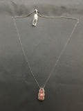 Three Oval Shaped Rhodochrosite Gem Cabochon Centers Sterling Silver Pendant w/ 20in Long Chain