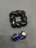 Lot of Three, Two Matched Gemstone Inlaid World Globe 12mm Beads & One Braided Onyx Pendant