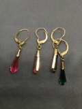 Lot of Two Matched Pairs of Rolled Gold Dangle Earrings, One w/ Green Gemstone & One w/ Red