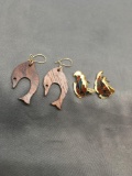 Lot of Two Pairs of Fashion Earrings, One Wood Carved Pair of Dolphins & One Cloisonne Decorated