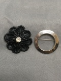 Lot of Two Round Fashion Brooches, One Circle Style & One Bead Black Flower