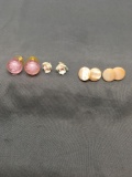 Lot of Three Fashion Jewelry Items, One Pair of Flower Blossom Studs, One Round Resin Pink Bubble