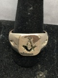 Square & Compass Motif Freemason Design 15mm Tall Signed Designer Sterling Silver Ring Band