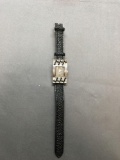 QBOS Designer Rectangular 35x20mm Art Deco Style Stainless Steel Watch w/ Black Leather Strap