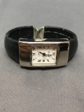 Osirock Designer Rectangular 18x15mm Face Stainless Steel Watch w/ Black Leather Cuff Bracelet