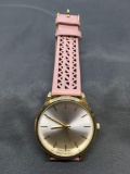 Francesca's Designer Round Gold-Tone 37mm Bezel Stainless Steel Watch w/ Pink Leather Strap