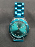 Round 36mm Jelly Bezel Stainless Steel Watch w/ Brushed Blue Bracelet