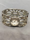 Allude Designer Round 18mm Mother of Pearl Face Stainless Steel Watch w/ Decorative Hinged Bangle