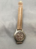 Milan Designer Round 24mm Bezel w/ Date Stainless Steel Watch w/ Brown Leather Strap