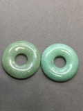 Lot of Two Round 30mm Diameter 5mm Deep Polished Green Jade Circle Pendant