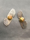 Old Pawn Mexico Style 40mm Long 15mm Wide Pair of Sterling Silver Earrings w/ Gold-Tone Cabochon