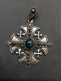 Israeli Made Ornate Catholic Cross Design 55x55mm Sterling Silver Protection Medallion w/ Turquoise