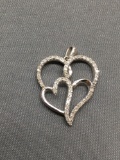 Round Faceted Diamond Featured Twin Heart Design 24mm Tall 20mm Wide Sterling Silver Pendant