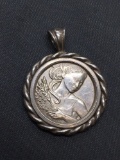 Rope Detail Framed Round 27mm Diameter Virgo Coin Themed Sterling Silver Pendant