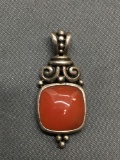 Square 12mm Carnelian Onyx Cabochon Center Fleur De Lis Styled Sterling Silver Pendant