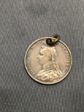 Six Pence Round 19mm Diameter Victoria Themed Sterling Silver Coin Pendant Dated 1887