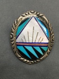 L Slim Designer Old Pawn Native American Style Mother of Pearl & Turquoise Inlaid Oval 52mm Tall