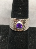 Hammer Finished 11mm Wide Tapered Sterling Silver Ring Band w/ Bezel Set Round Faceted 5mm Purple