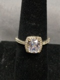 Rectangular Cushion Faceted 8x6mm CZ Center w/ Round CZ Accented Halo & Shoulders Sterling Silver