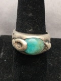 Horizontal Set 12x9mm Turquoise Cabochon Center Handmade Sterling Silver Ring Band