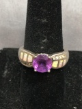Round Faceted 8mm Amethyst Center w/ Round CZ Accents & Opal Inlaid Shoulders Sterling Silver Ring