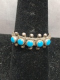Indonesian Styled Bead Ball Accented Sterling Silver Band w/ Five Round Turquoise Cabochon Centers