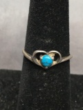 Round 4mm Turquoise Cabochon Center Heart Motif Signed Designer Sterling Silver Ring Band