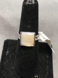 Square 10mm Mother of Pearl Center w/ Curb Link Detailed Shoulders High Polished Sterling Silver