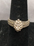 Marquise Faceted 7x3mm CZ Center w/ Round CZ Accented Halo & Shoulders Sterling Silver Engagement