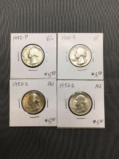 4 Count Lot of United States Washington Silver Quarters - 90% Silver Coins from Estate